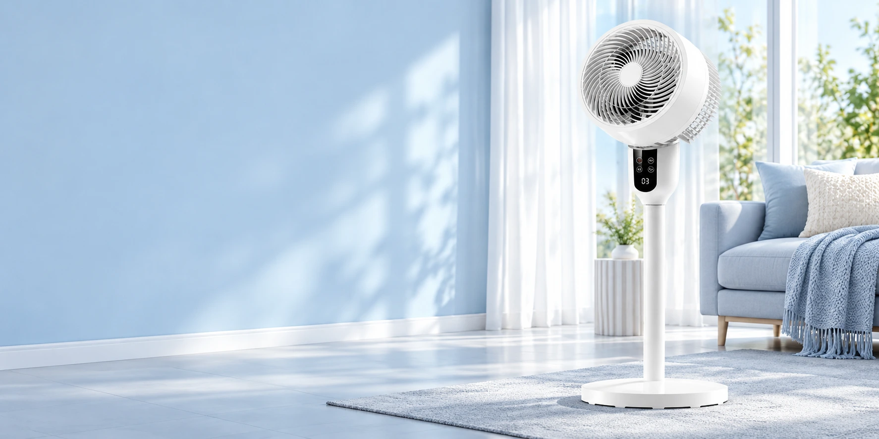 White air circulation fan in a bright living room