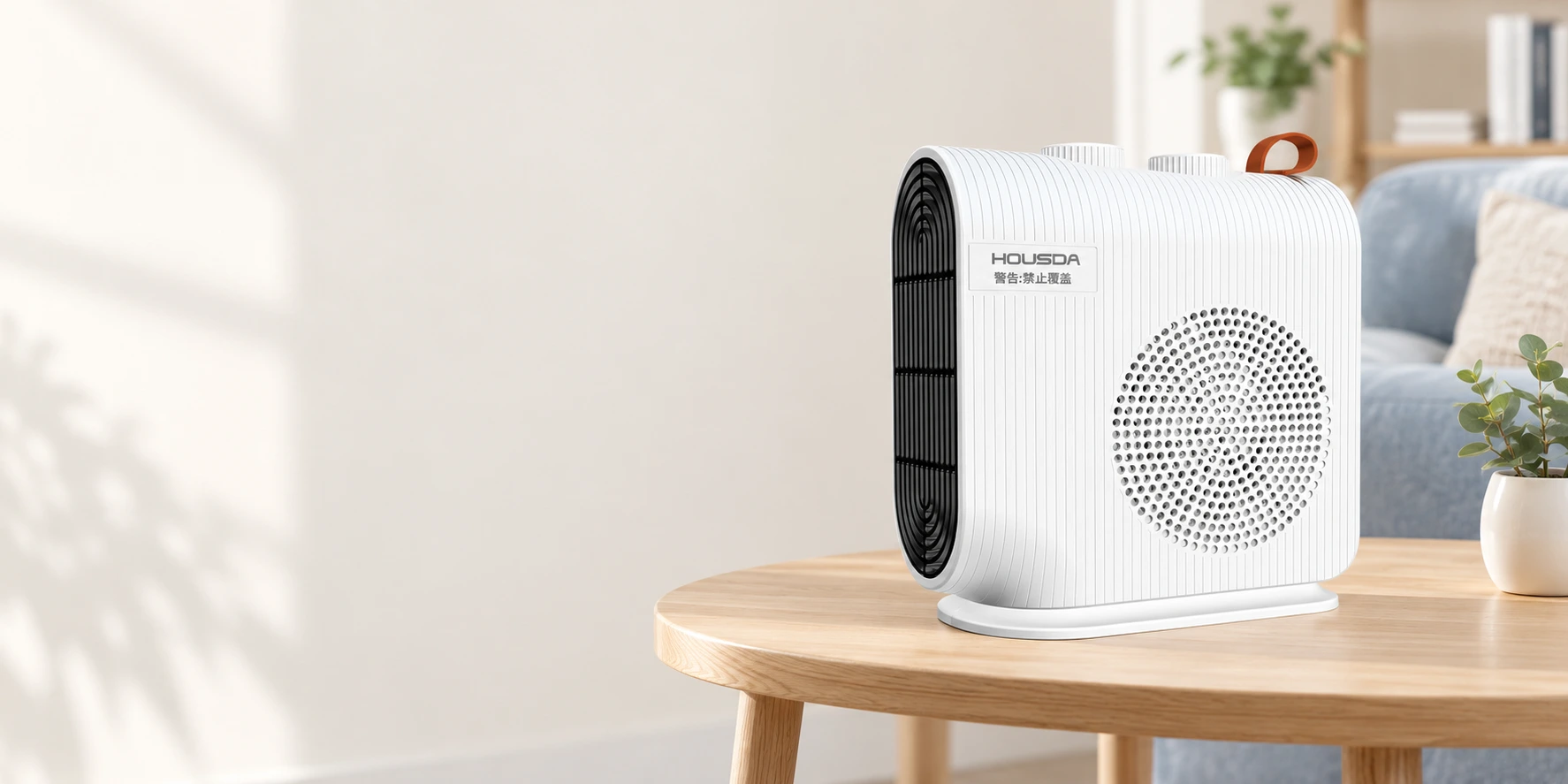 Compact tabletop fan heater in a home setting