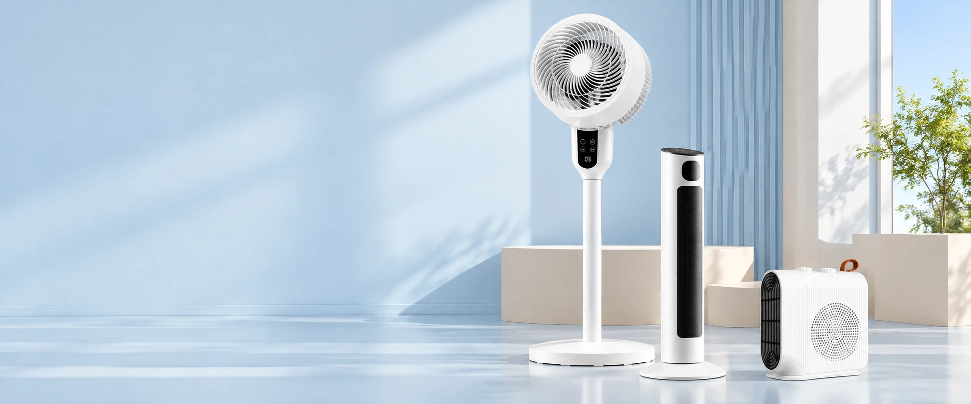 Circulation fan, tower heater and compact tabletop heater product range